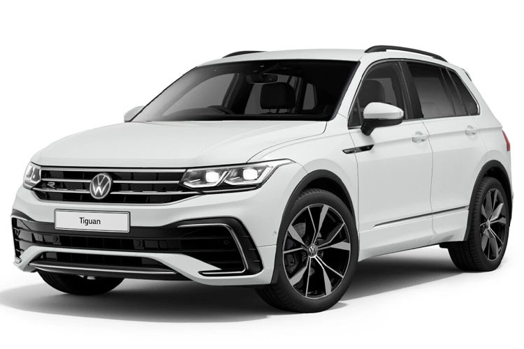 VW Tiguan R line in white. Angled front view