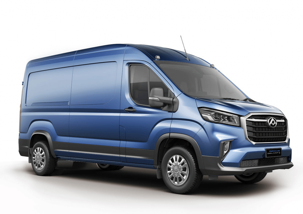 Maxus deliver 9 in metallic blue. Side front view of vehicle