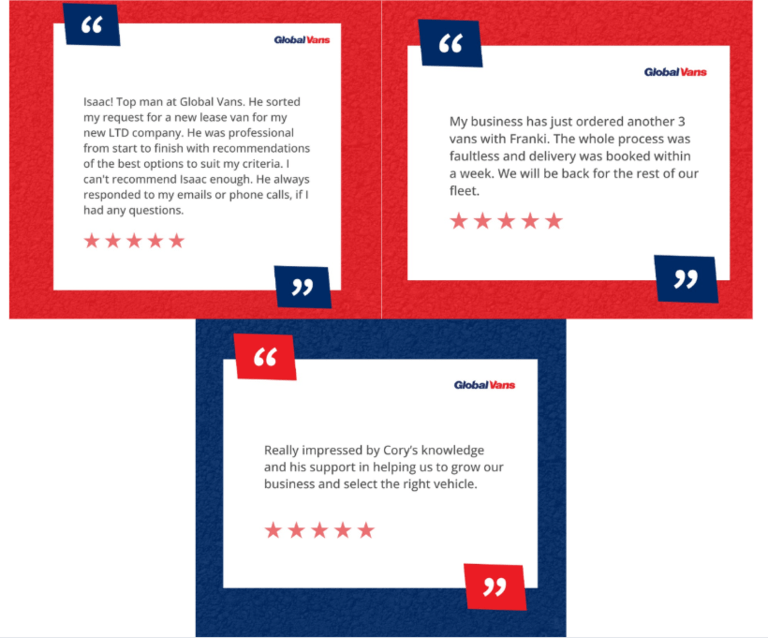 Graphic showing 3 positive reviews for our van leasing experts
